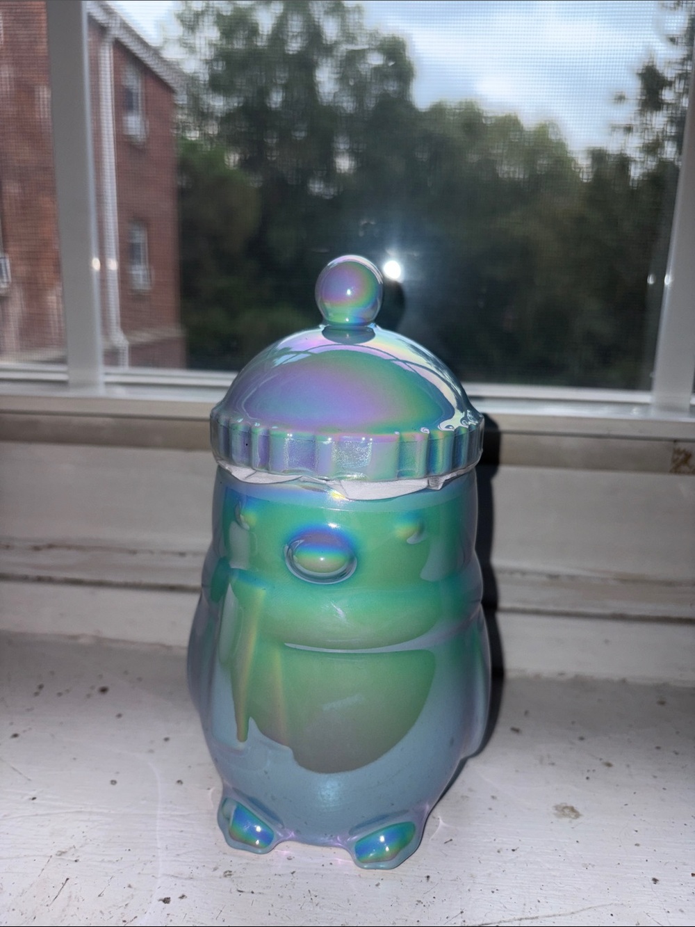 14oz Starbucks Iridescent Green Blue Ceramic penguin cup with Lid
